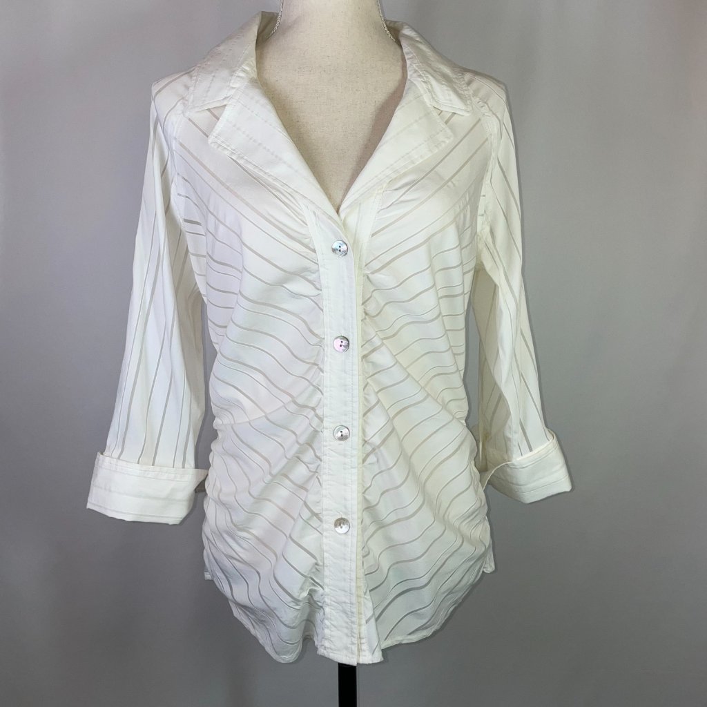 Farinaz Taghavi Ruched Blouse White Sheer Stripes Abalone Button Down Size 12